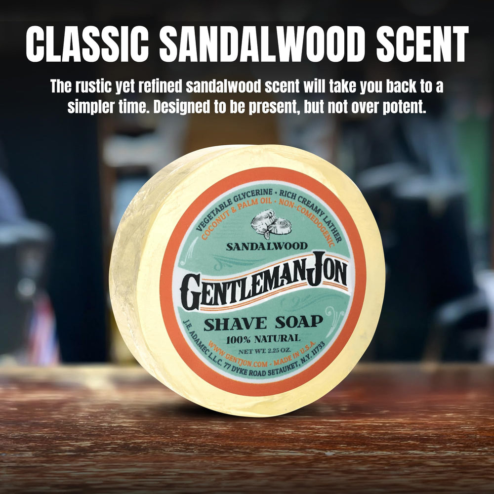 Ambience shot of Gentleman Jon sandalwood shaving soap jar in a classic grooming setup.