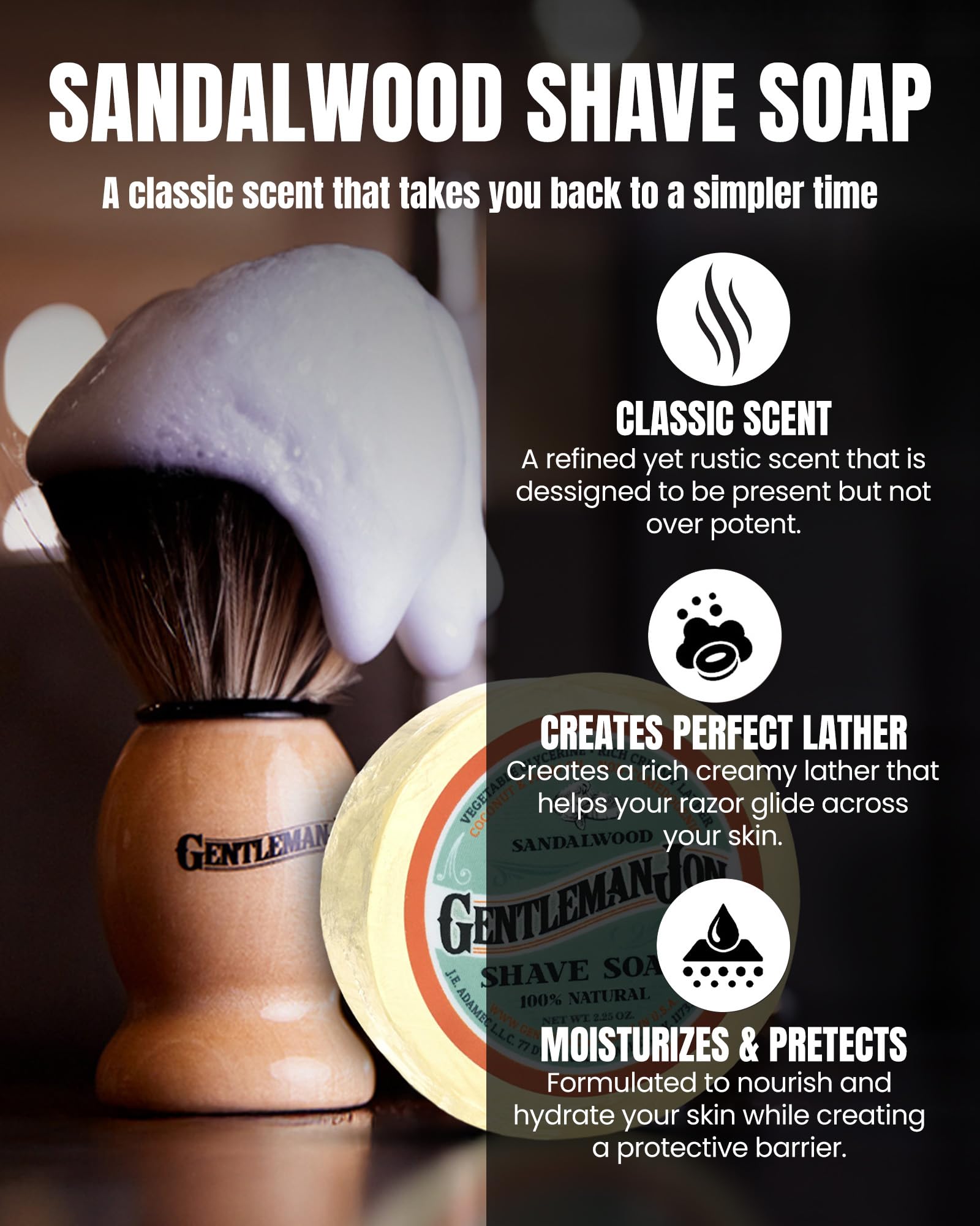 Gentleman Jon sandalwood shaving soap bar, soothing scent and skin protection.
