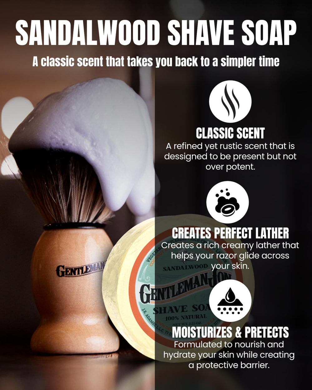 Gentleman Jon sandalwood shaving soap bar, soothing scent and skin protection.