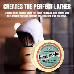 Packaging of Gentleman Jon sandalwood shaving soap jar highlighting premium ingredients.