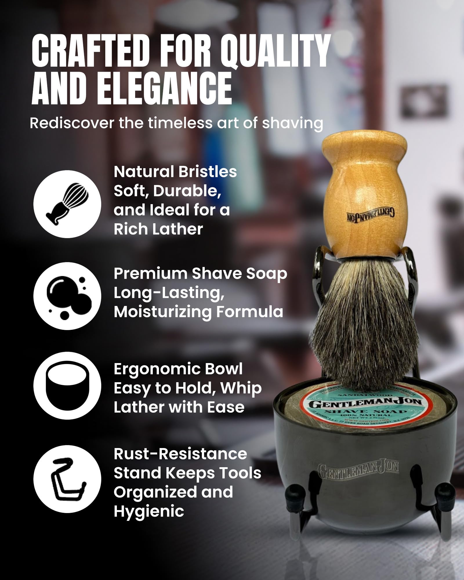 Gentleman Jon shaving brush close-up showing premium badger bristles for rich lather
