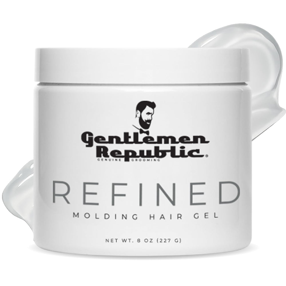 Gel Gentlemen Republic 8oz con brillo 24 horas para un peinado pulido.