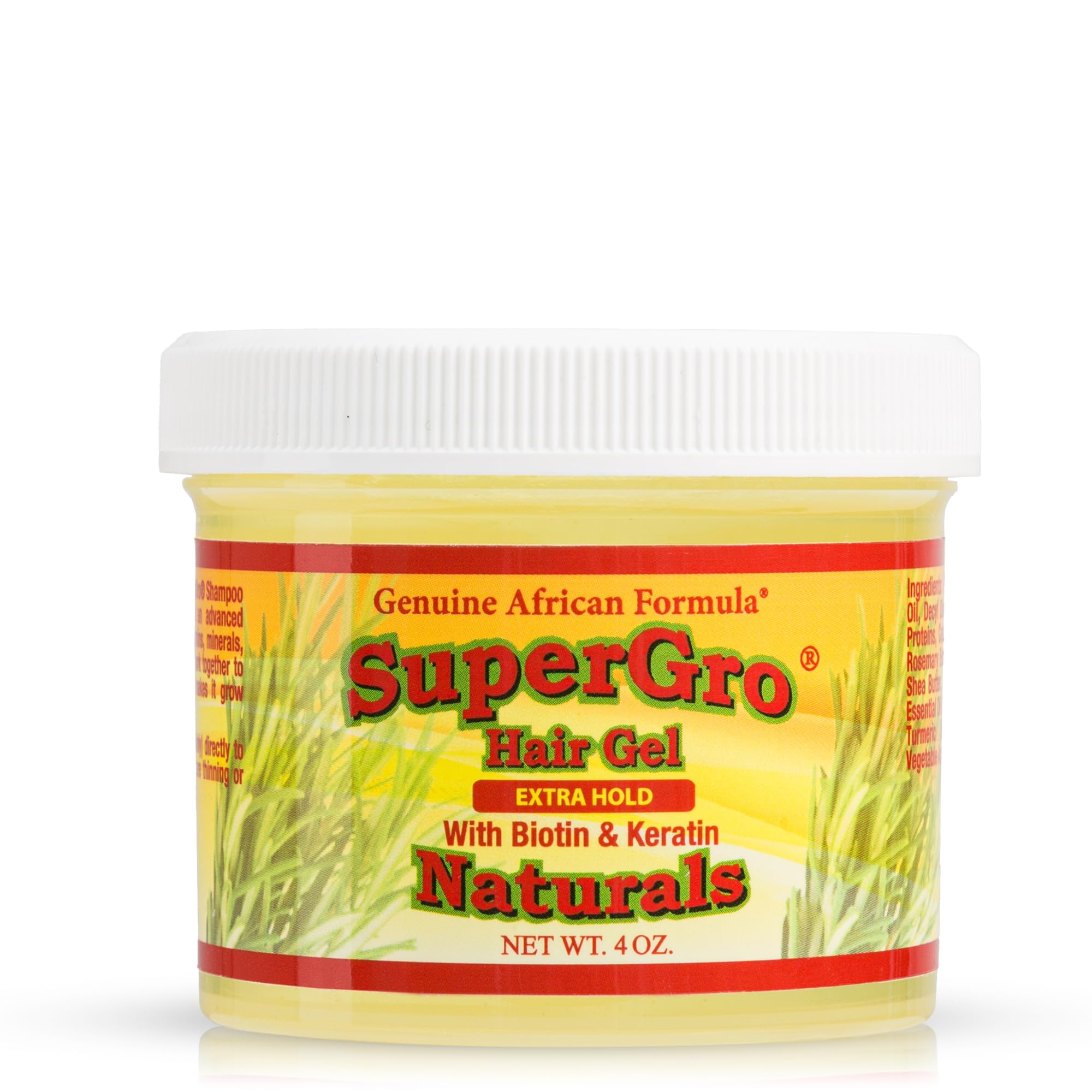 Envase de 4 oz de Genuine African Formula SuperGro Gel para fijar el peinado