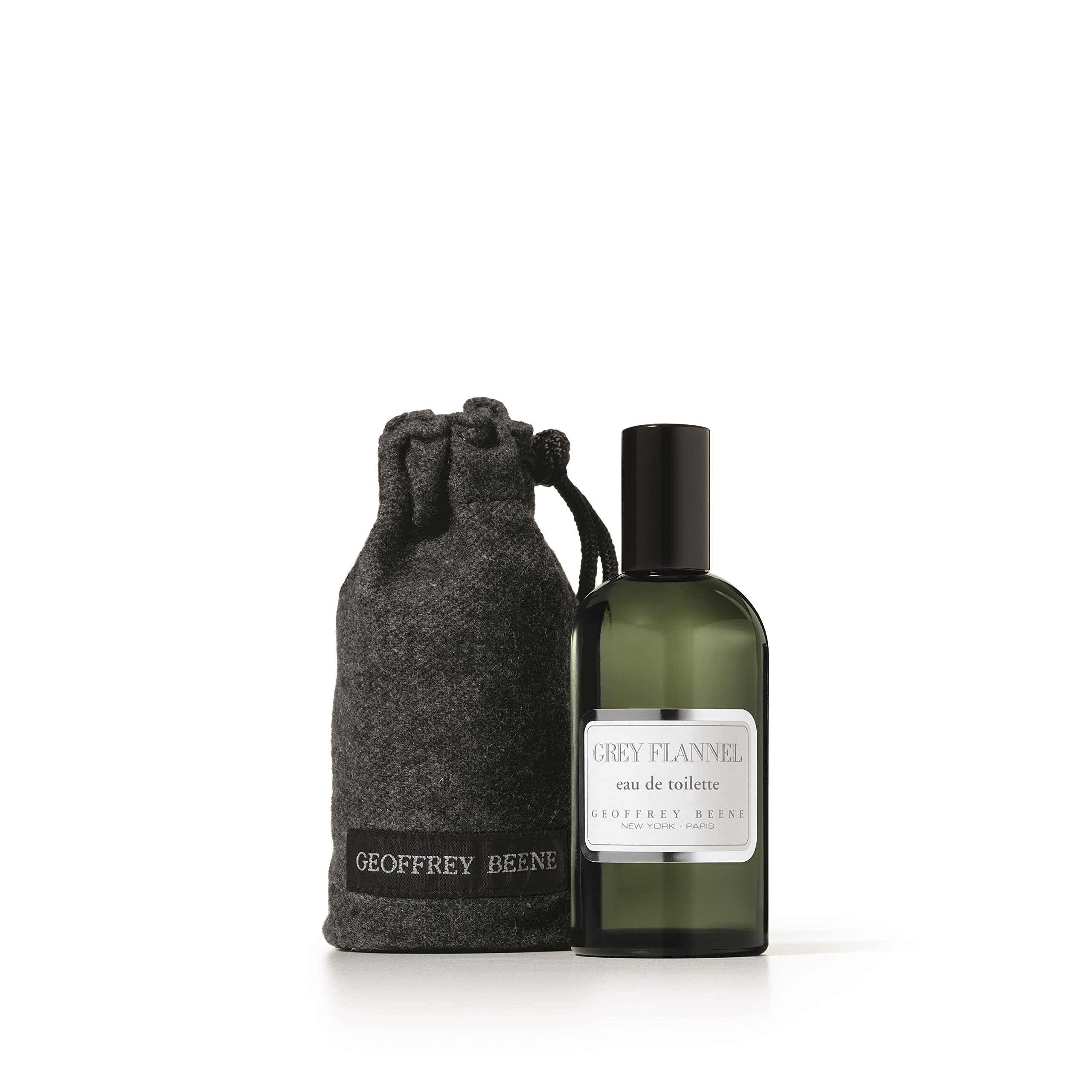 Geoffrey Beene Grey Flannel bottle side angle, classic daytime fragrance for everyday elegance.
