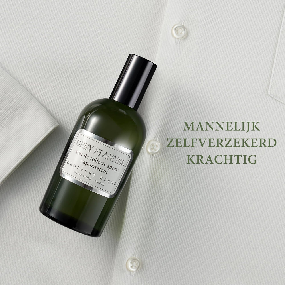 Geoffrey Beene Grey Flannel close-up, woody-oriental profile suitable for daily wear.