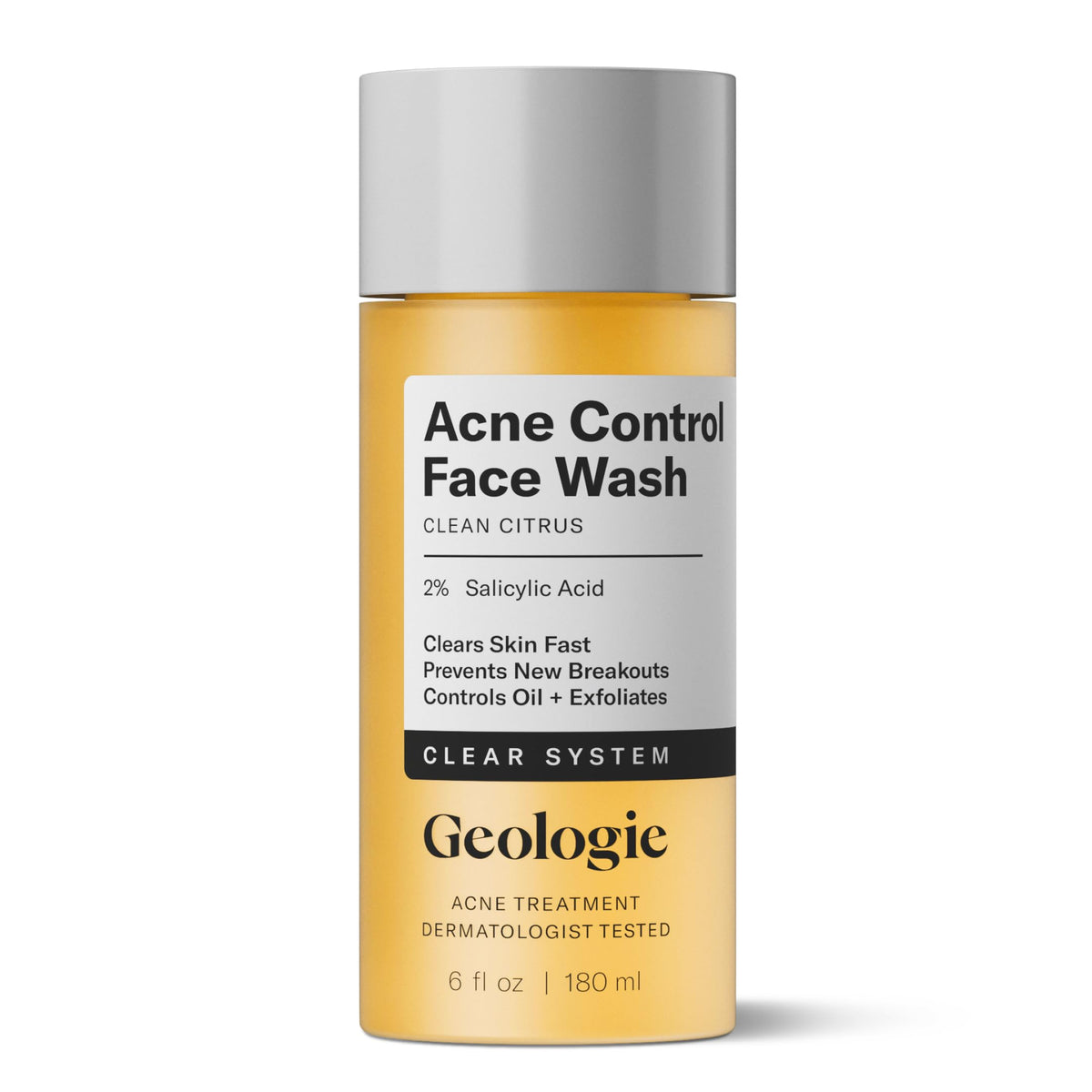 Geologie limpiador facial control de acné, botella visible para limpieza profunda.