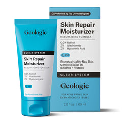 Geologie Skin Repair Moisturizer bottle on vanity promotes overnight renewal.