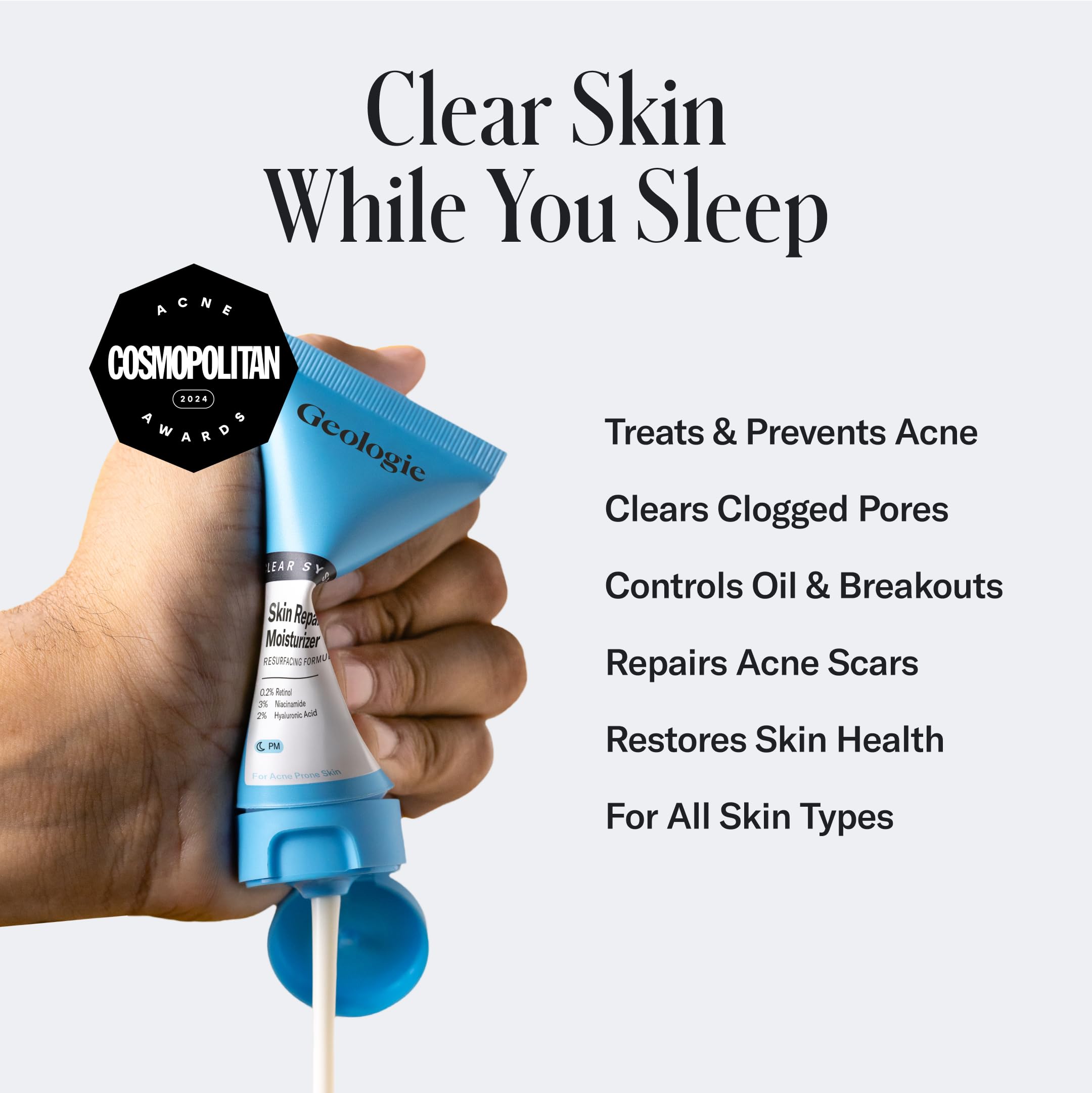 Geologie Skin Repair Moisturizer pump closeup shows clean, paraben-free formula.