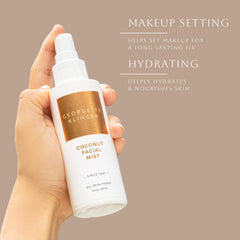 Georgette Klinger bruma facial Coco aplicada para fijar maquillaje con acabado natural.