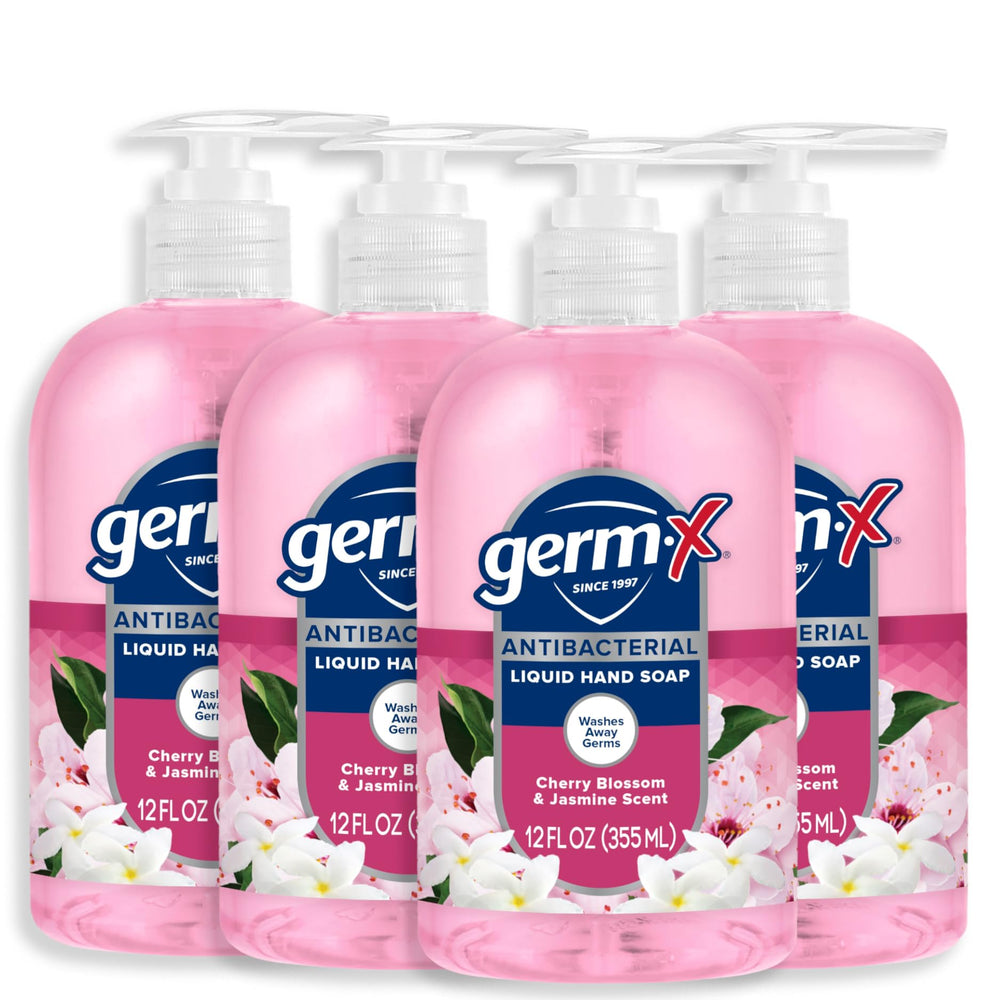 Germ-X botella con bomba, jabón antibacterial con aroma jazmín y cerezo.
