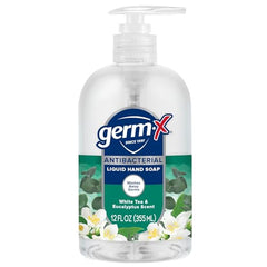 Germ-X Jabon Manos etiqueta White Tea Eucalipto, fragancia fresca.