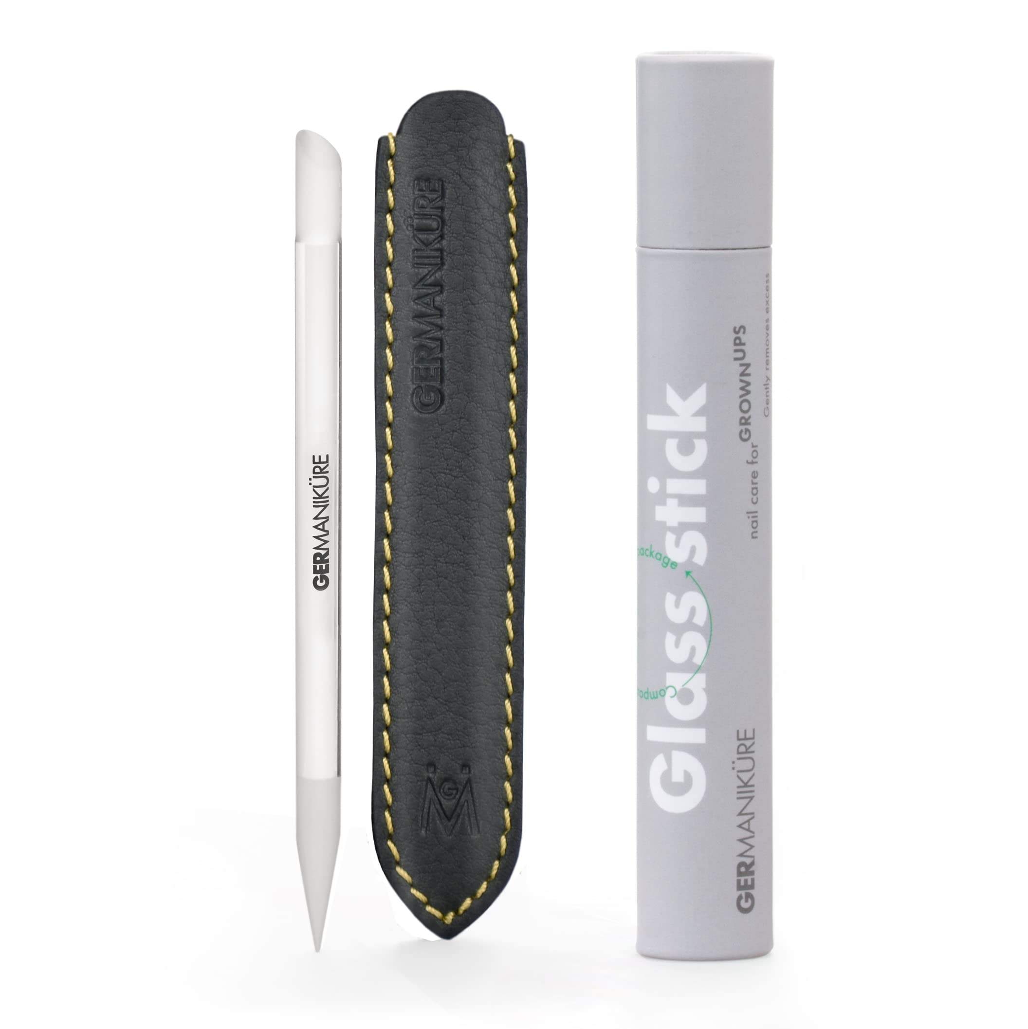 GERMANIKURE clear glass cuticle stick with leather sleeve for precise cuticle work
