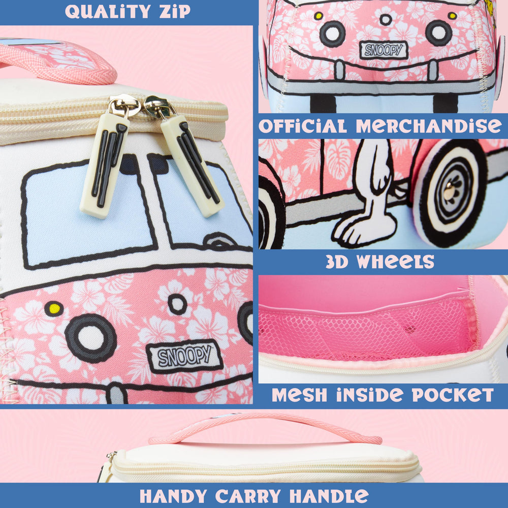 Close-up shows front pink Snoopy design adding cute packing charm