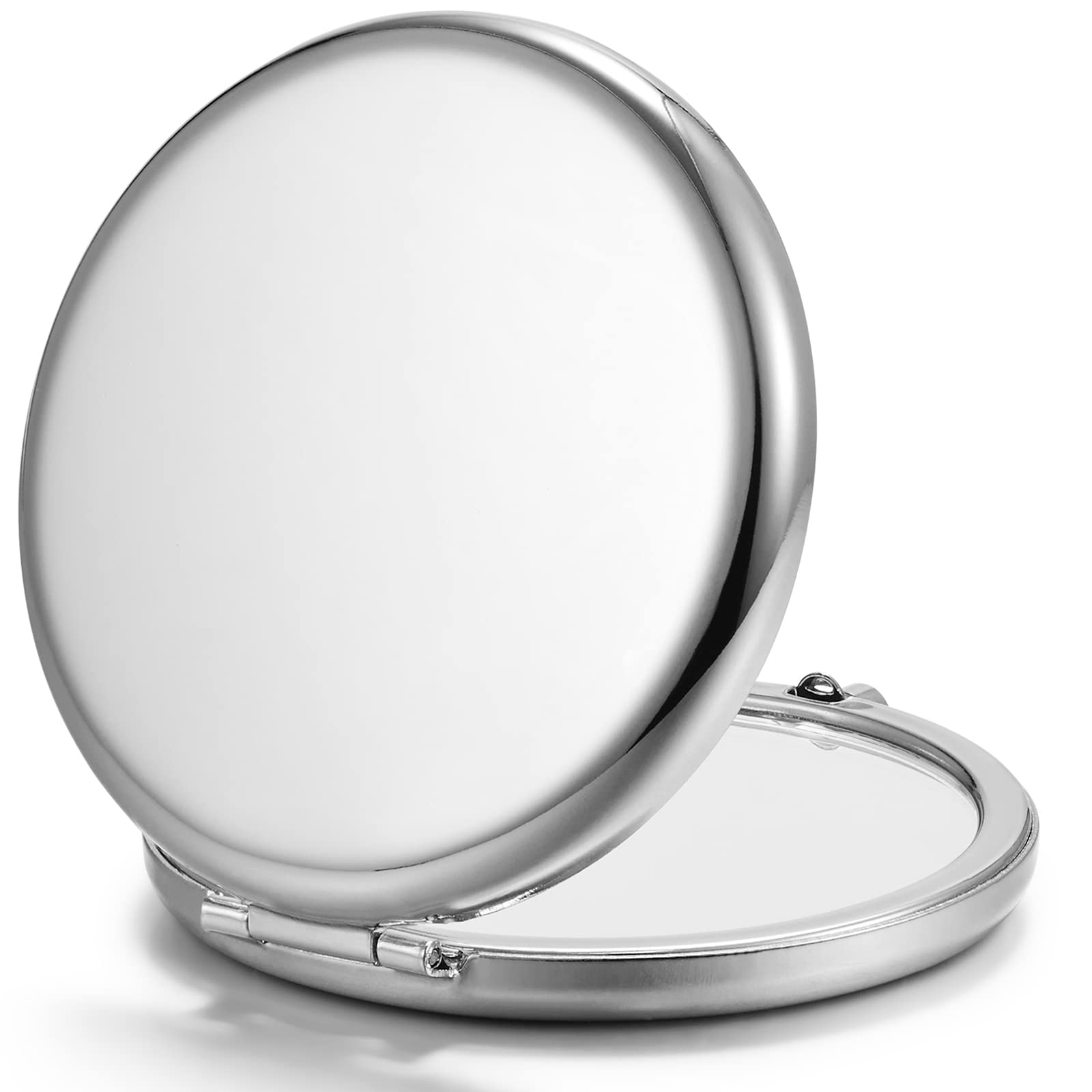 Getinbulk Compact Mirror, round silver, 1X/2X magnification for precise makeup checks.