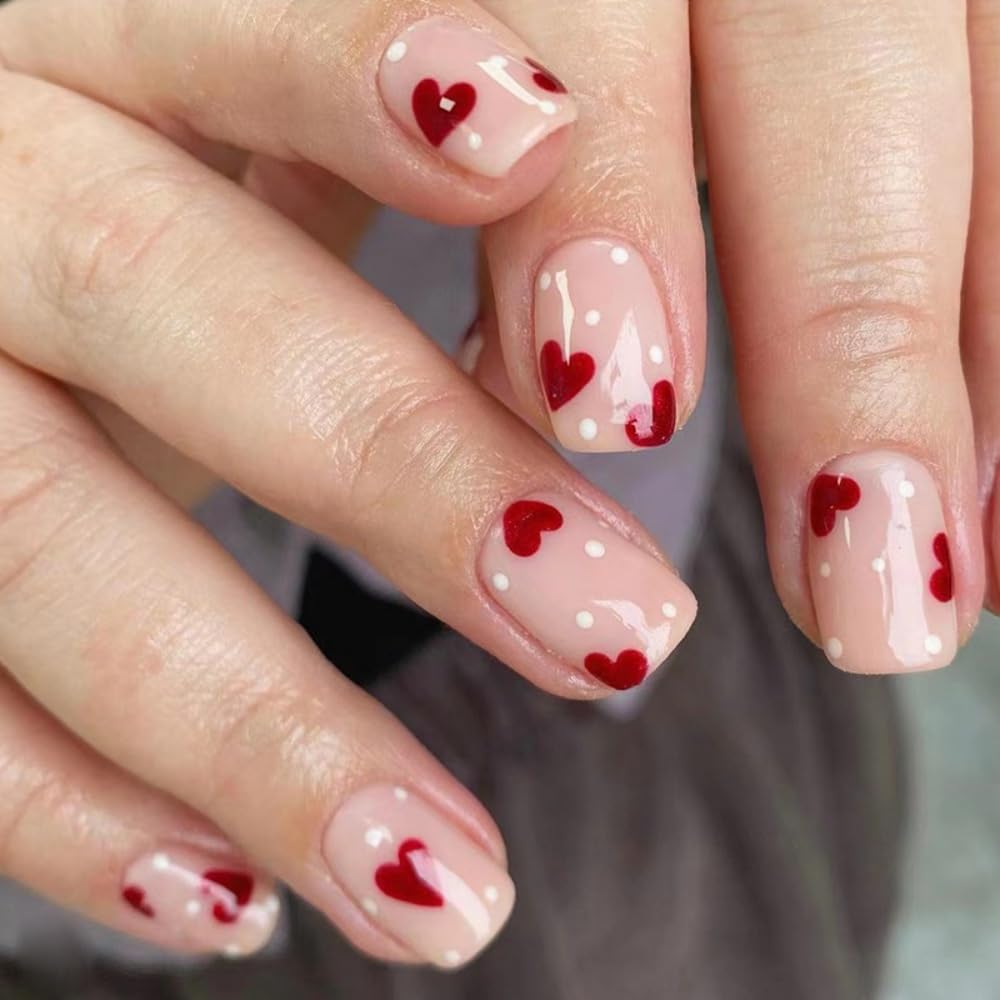 Geyakal Uñas postizas con puntos rojos y corazón, ideal para San Valentín.