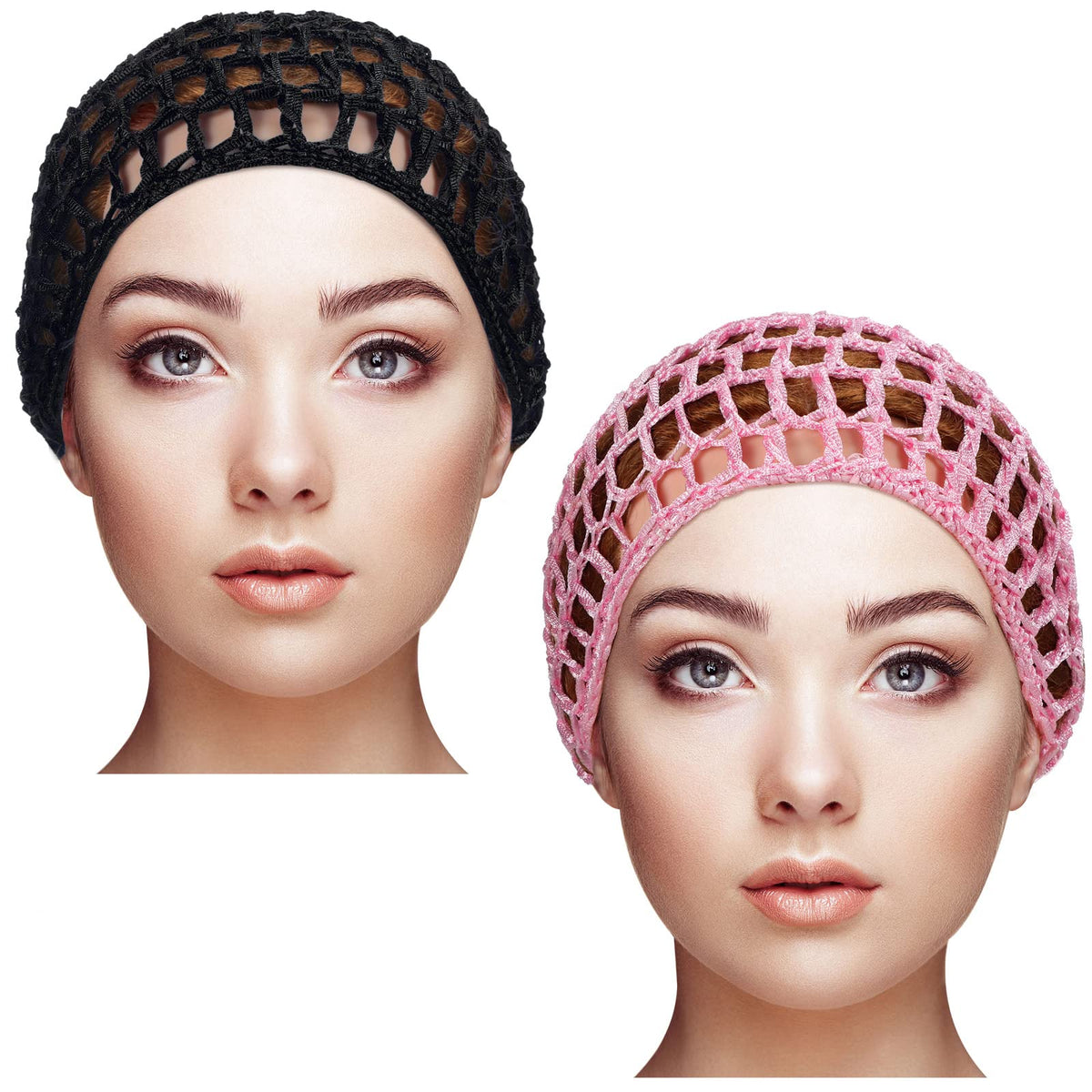 Geyoga 2pcs crochet hairnet caps for shower use, keeps hair dry and protected.