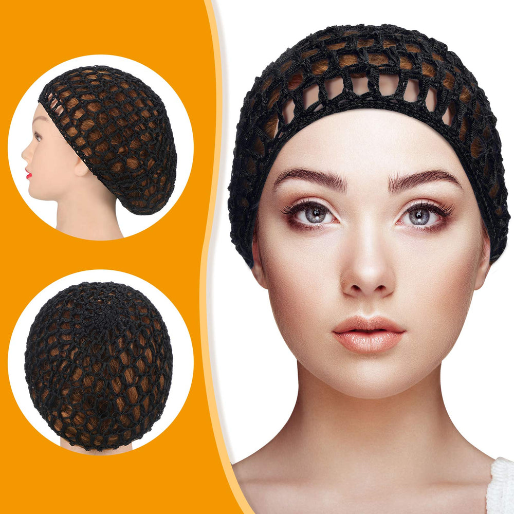 Geyoga crochet hairnet with elastic fit secures hair from thick to thin.