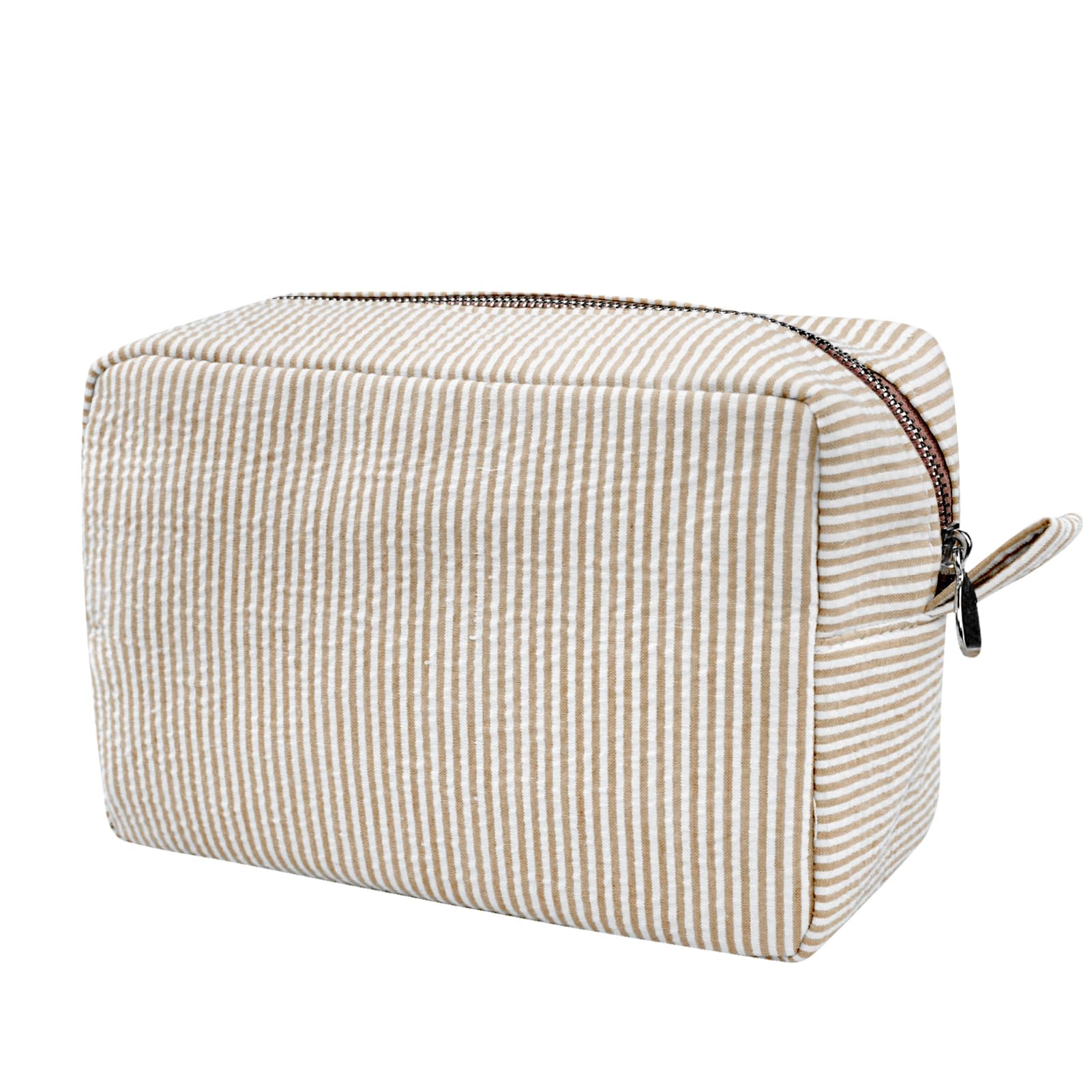 GFU seersucker cosmetic bag in brown fabric with soft texture for easy packing