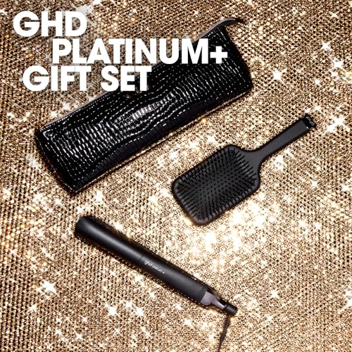 Close-up of ghd Platinum+ ceramic plates with ultra-gloss coating for frizz-free shine.