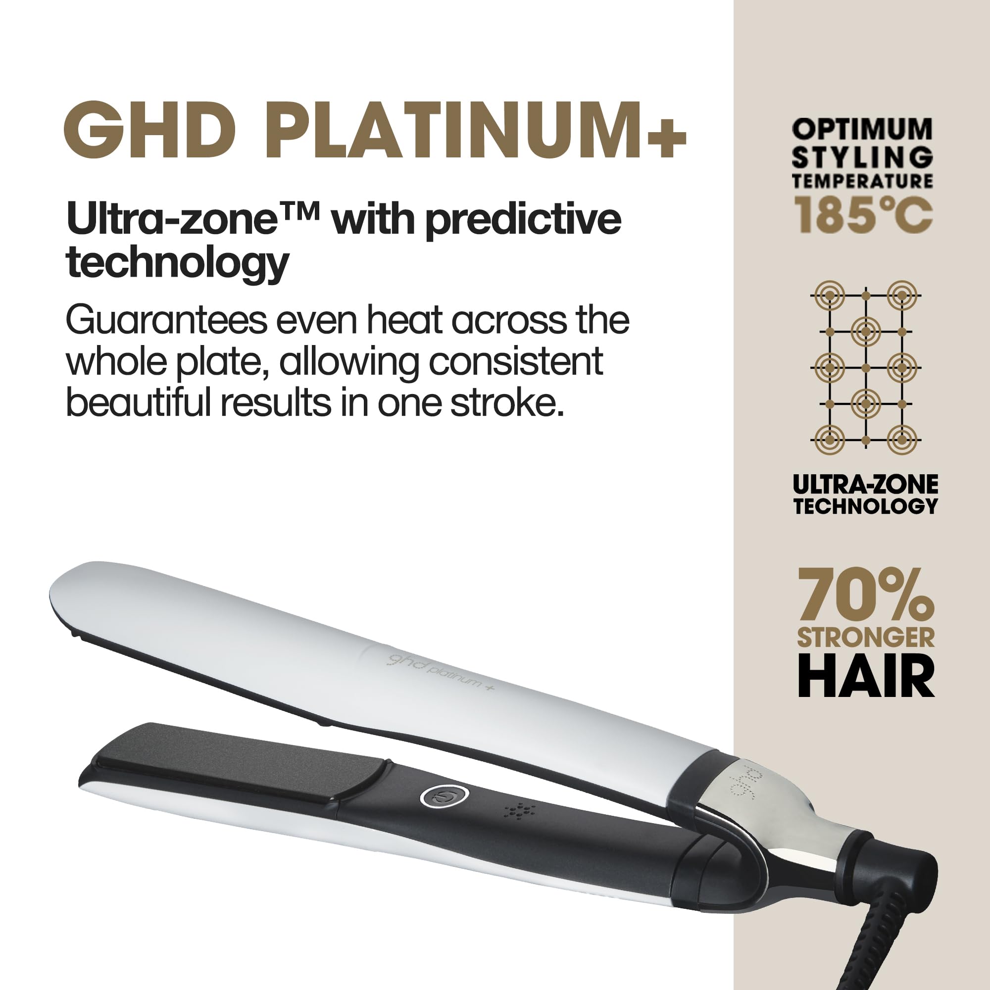 ghd Platinum+ Styler in-hand use demonstrates snag-free styling with smooth glide.