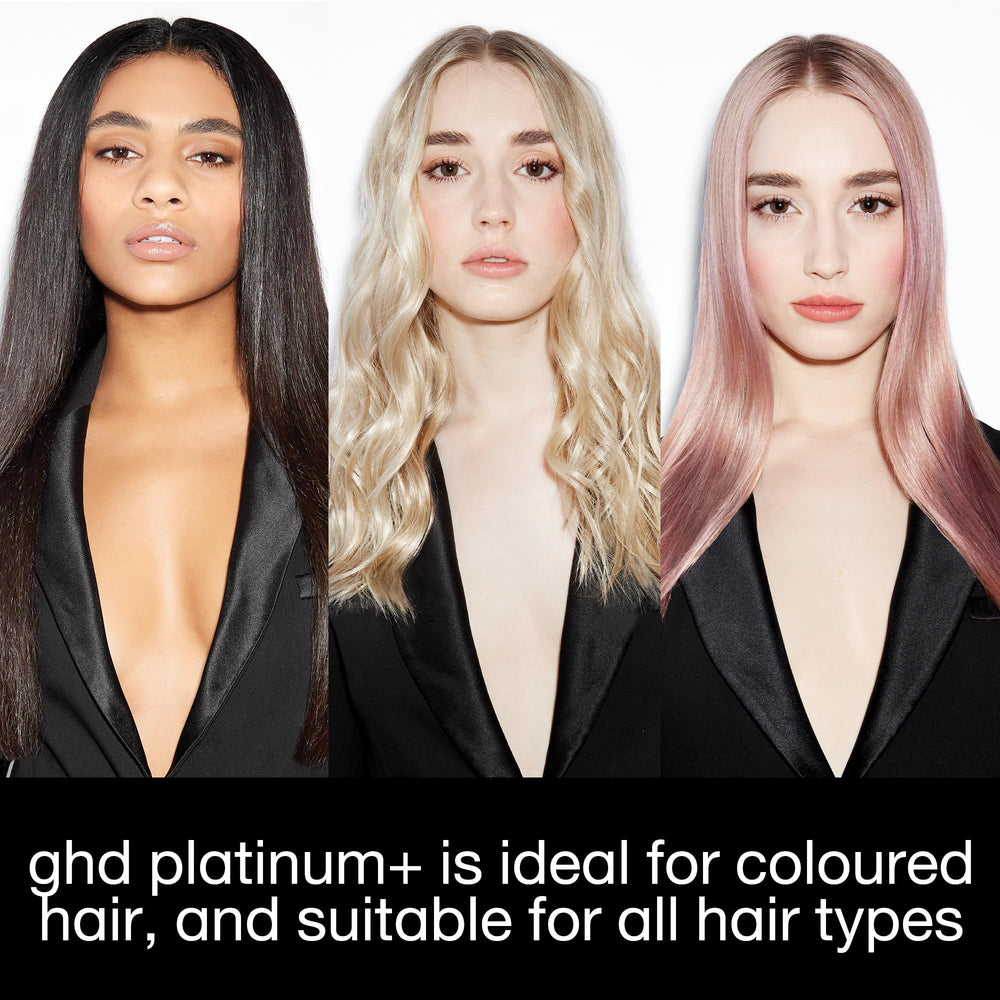 ghd Platinum+ Styler sleek black design on a vanity