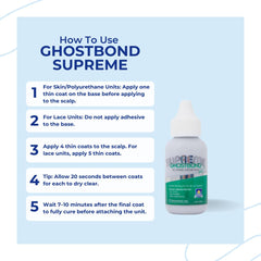 GhostBond Supreme dries clear, leaving an invisible bond for lace and poly wigs.