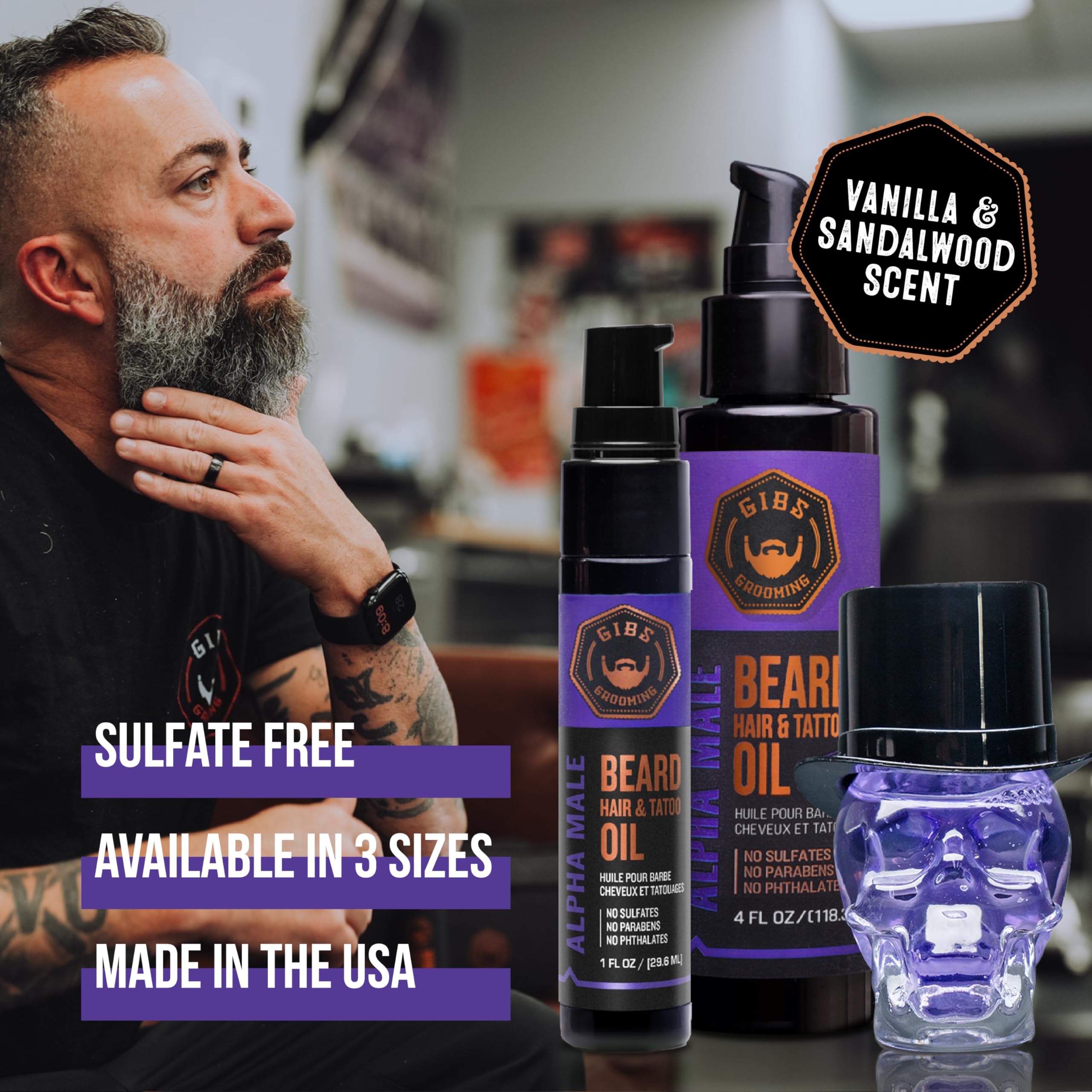 GIBS Alpha Male fragrance blend of vanilla, sandalwood, musk for subtle scent.