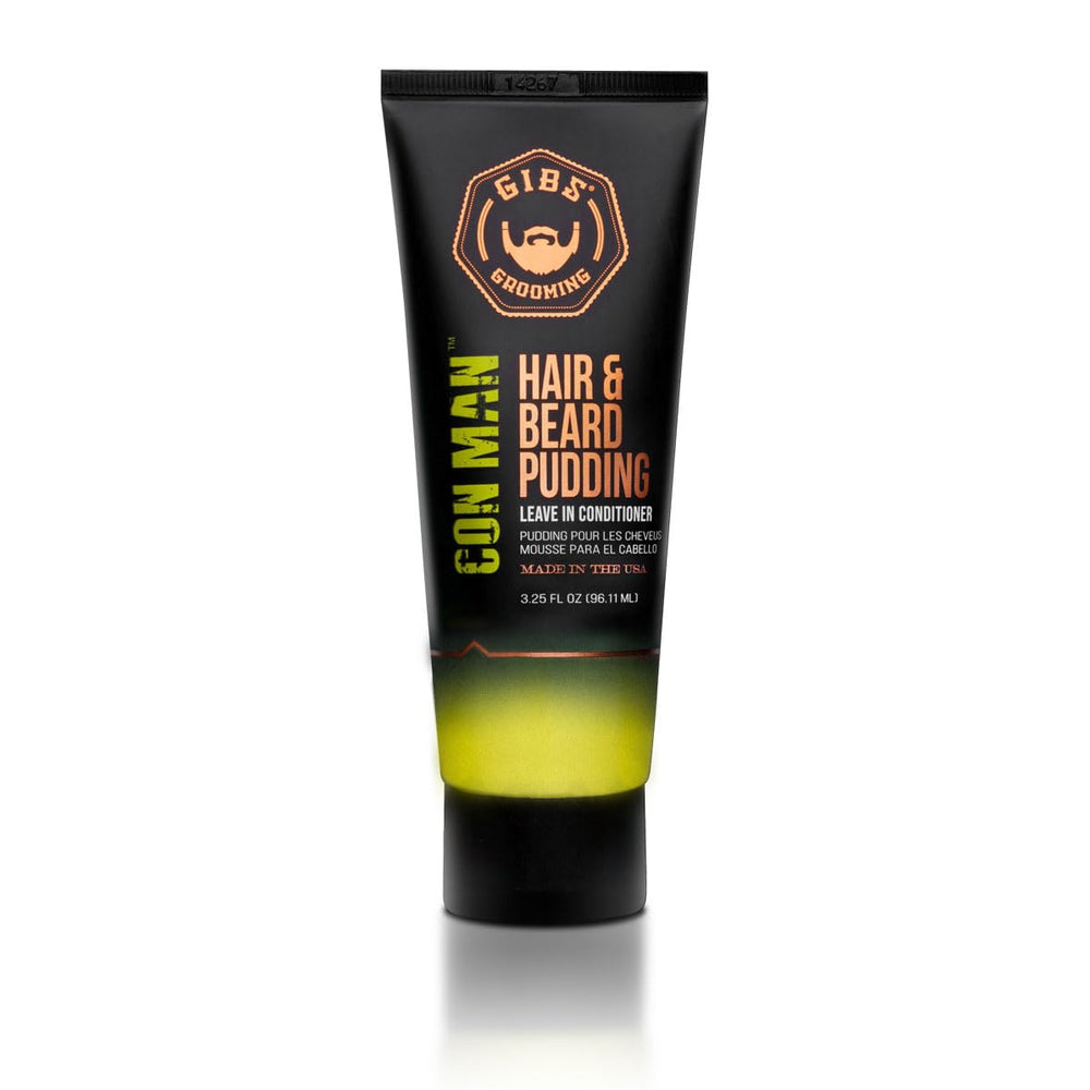 GIBS Con Man hair pudding front label, travel-size moisturizer for hair and beard.