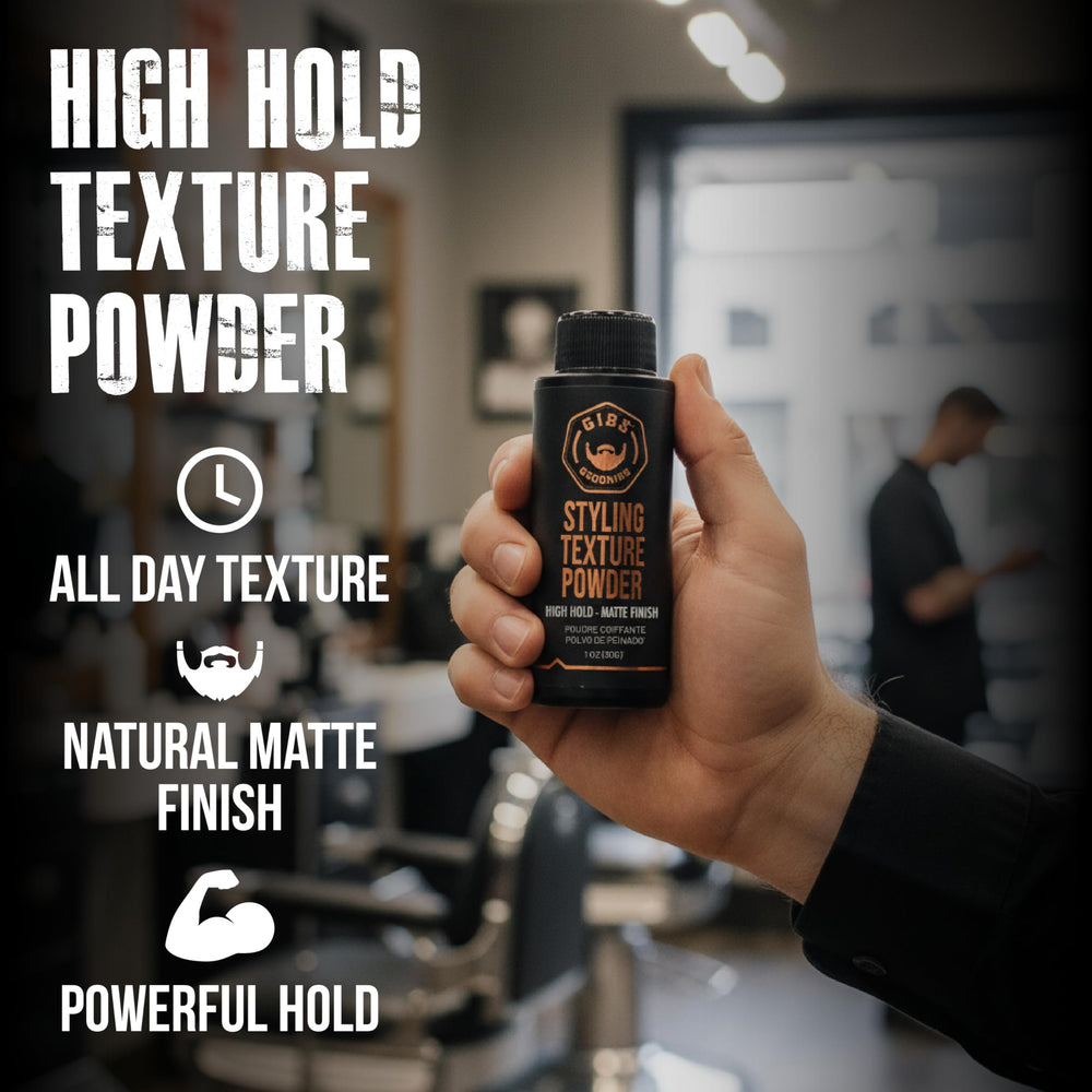 GIBS Texture Powder dispense close-up shows easy application and reworkable hold without heaviness.