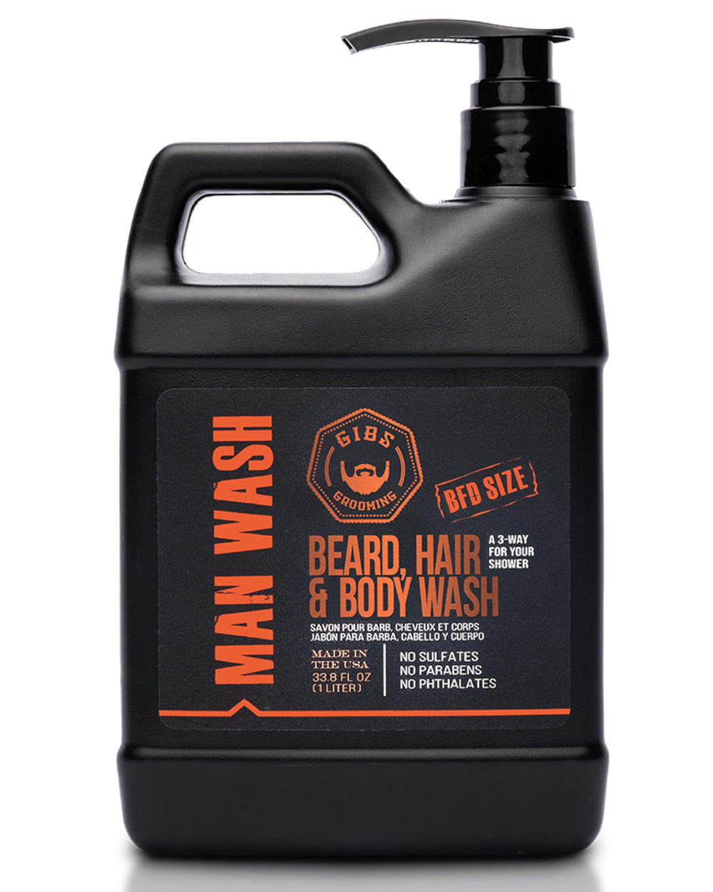 GIBS Original Man Wash bottle front for daily beard, hair, and body cleansing.