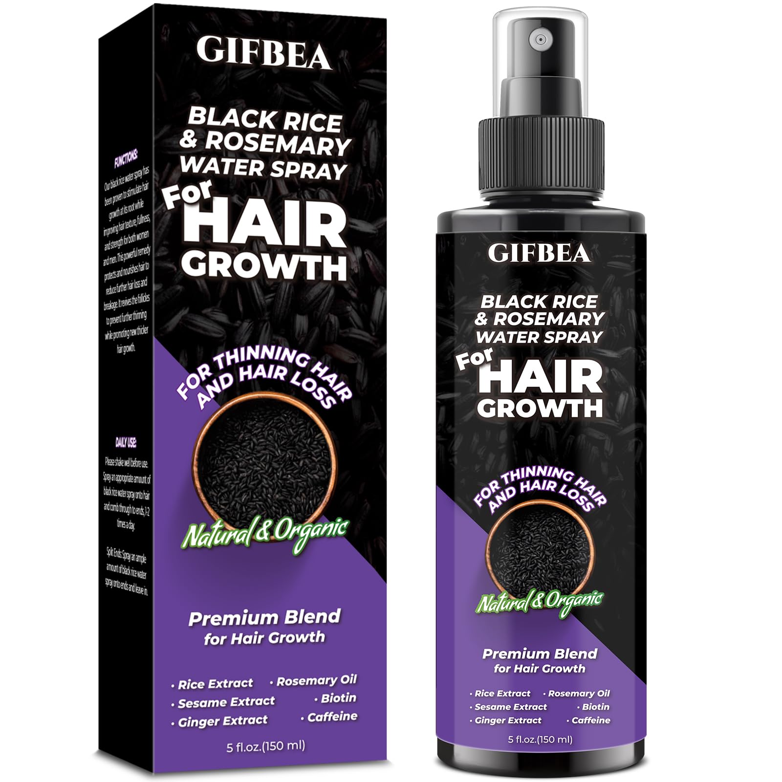 GIFBEA suero en spray de agua de arroz negro para fortalecer raíces y brillo.