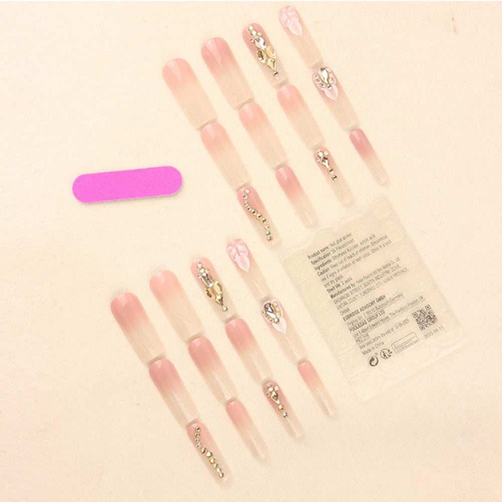Gifiky nude square tips with crystal gems for chic everyday wear.