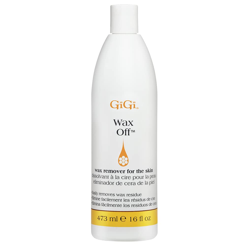GiGi Wax Off remover bottle pour demonstrates easy post-wax cleanup and soothing hydration.