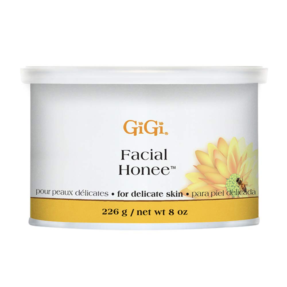 GIGI Facial Honee Wax jar closeup showcases honey-infused formula for sensitive skin.