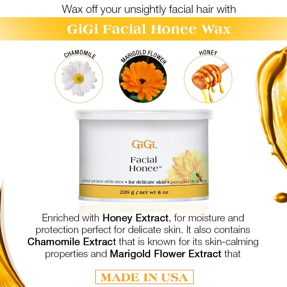 GIGI Facial Honee Wax packaging highlights honey and chamomile ingredients.