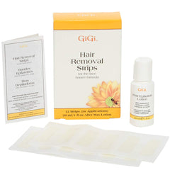 GIGI facial wax strips package for at-home hair removal, easy and mess-free