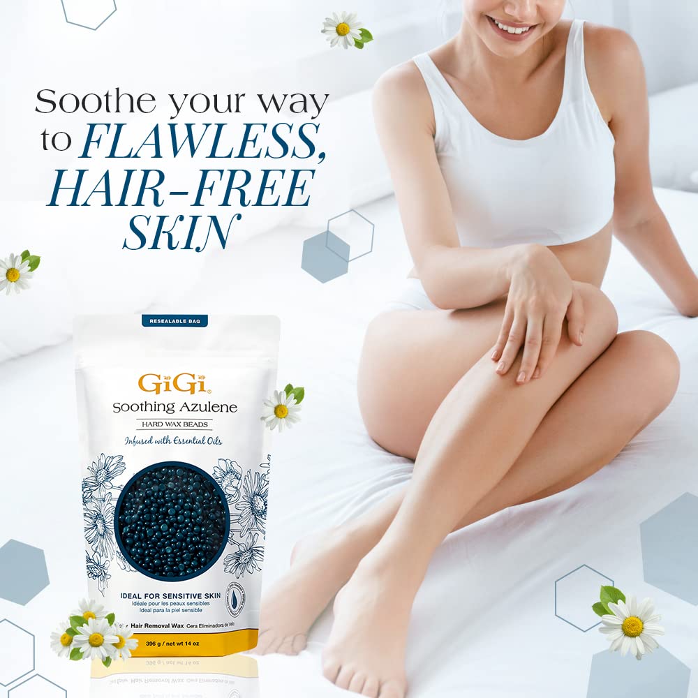 GIGI hard wax beads Azulene close-up showing soothing formula for sensitive skin.