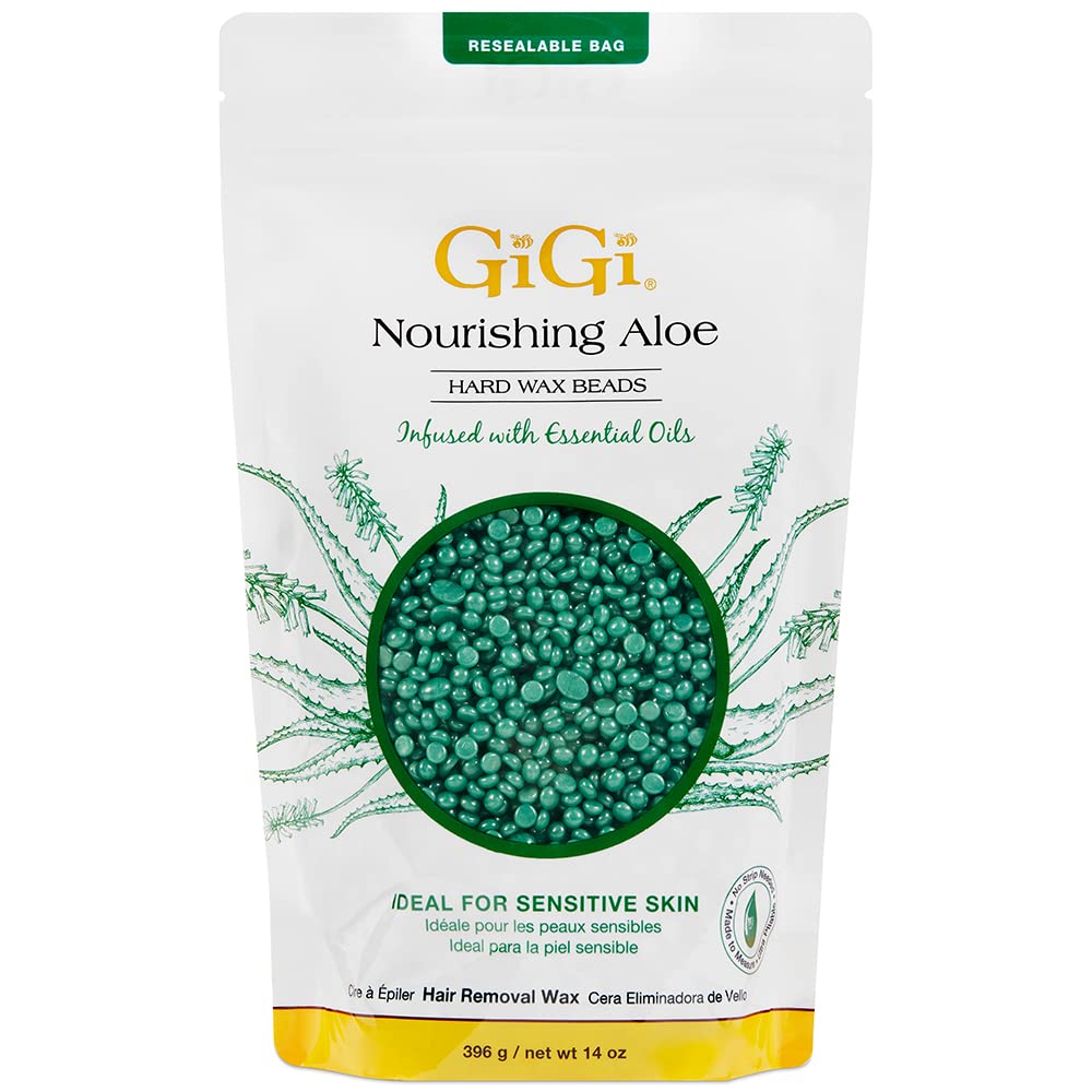 GIGI Nourishing Aloe hard wax beads in canister provide soothing, smooth results
