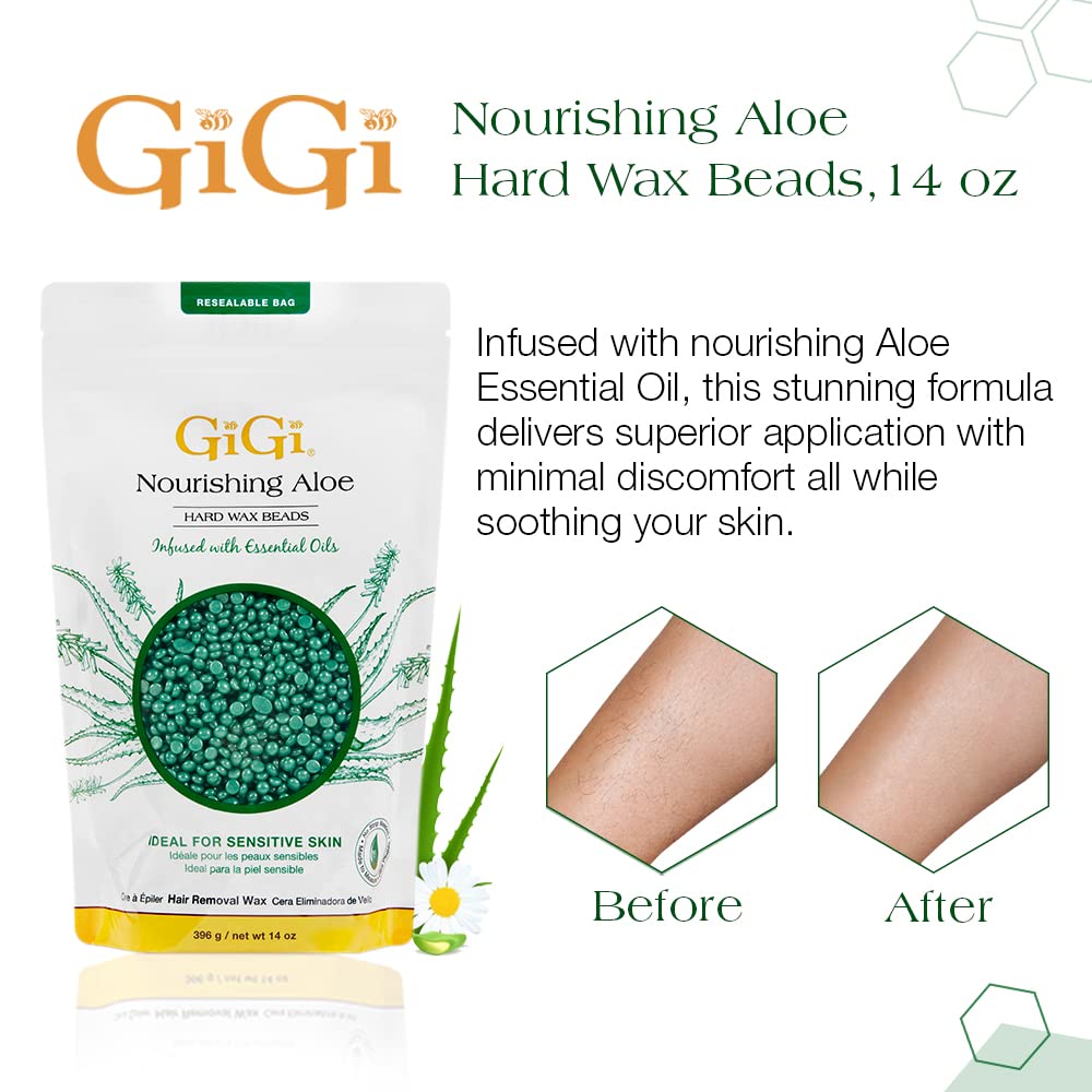 GIGI Nourishing Aloe hard wax beads pour into warmer for mess-free waxing