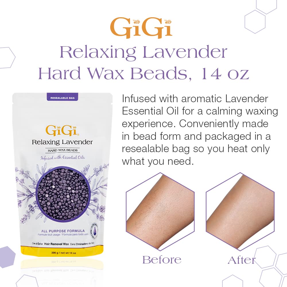 GIGI relaxing lavender wax beads for gentle facial waxing application.
