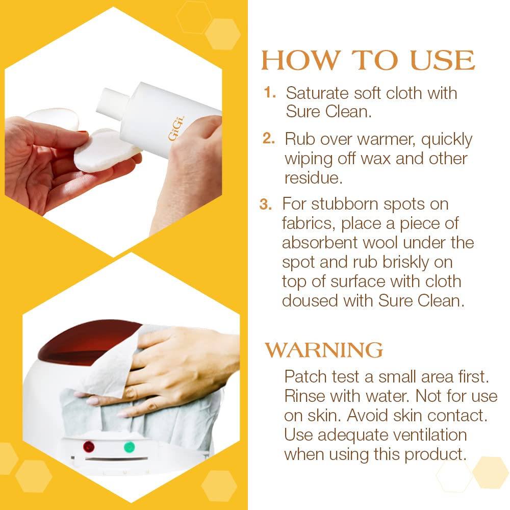 GIGI Sure Clean Wax Remover before-after shows dramatic residue removal results.