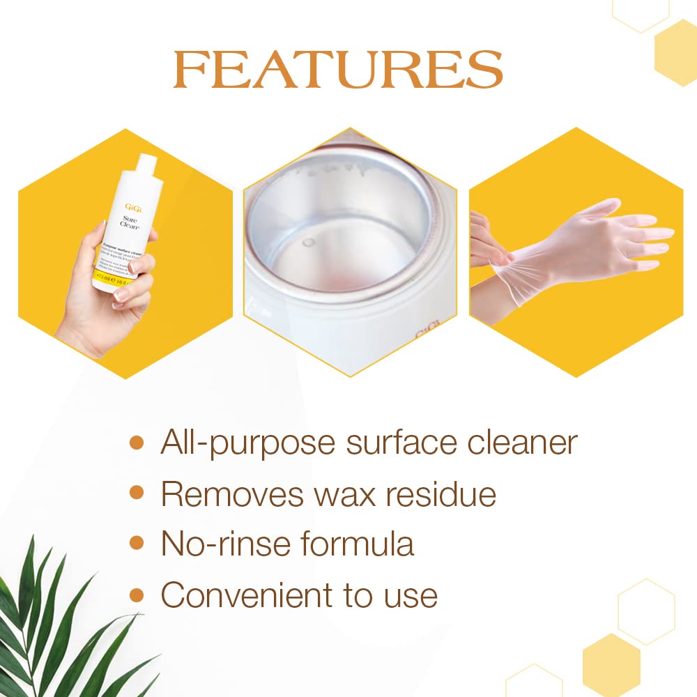 GIGI Sure Clean Wax Remover wipes down counters and chairs for a tidy studio.