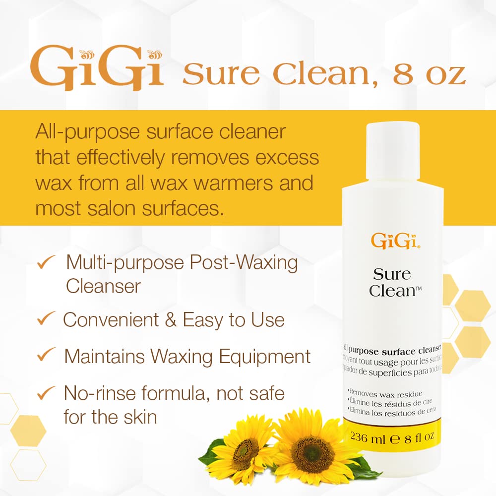 GIGI Sure Clean Wax Remover cleans salon surfaces for a spotless workstation.