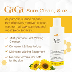 GIGI Sure Clean Wax Remover cleans salon surfaces for a spotless workstation.