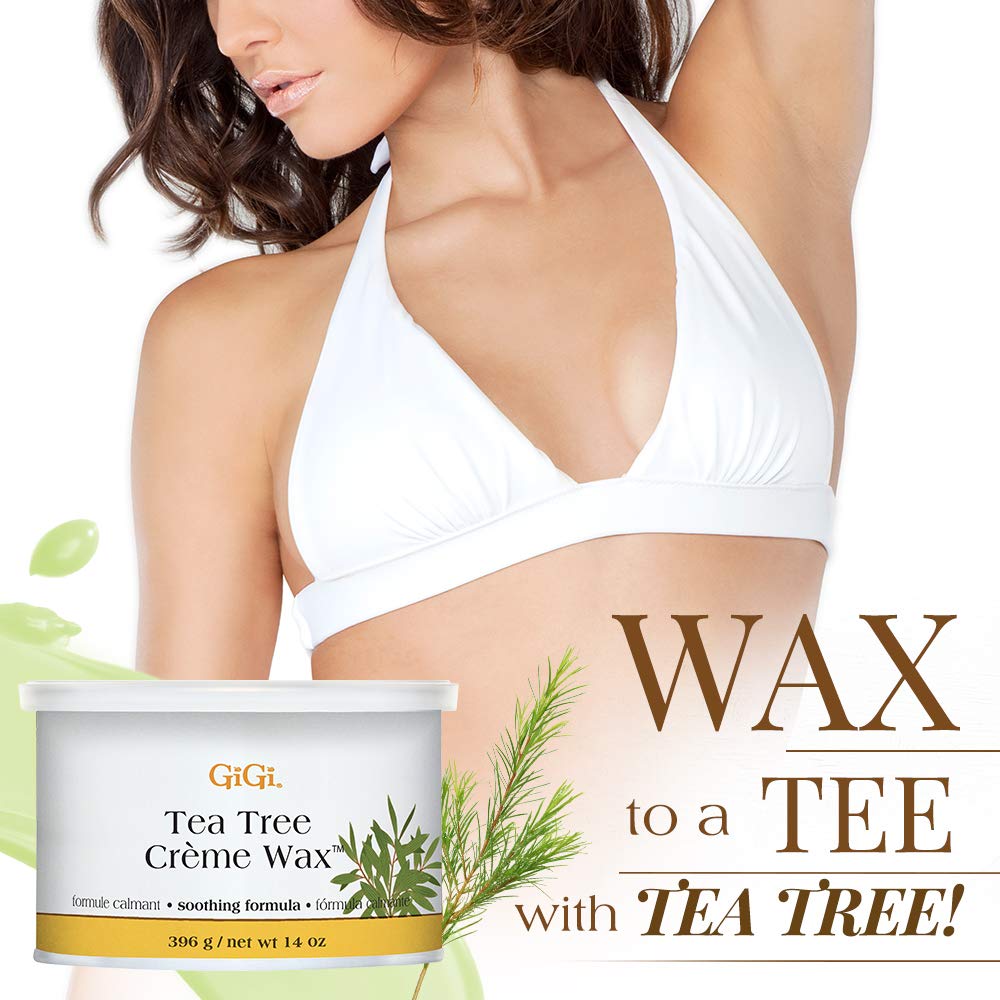GiGi Tea Tree Crème Wax 14oz container shown for home or salon use.