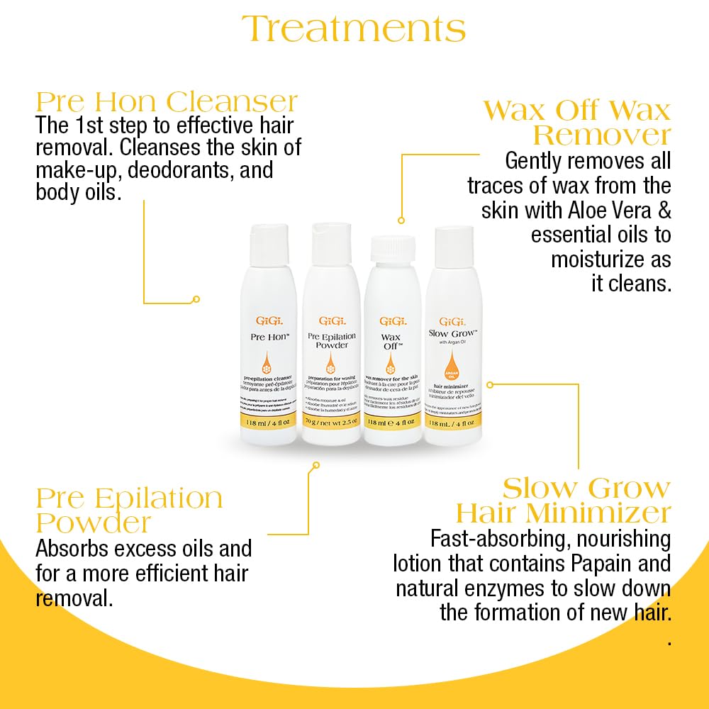 GIGI wax off remover cleanly removes wax residue after treatment.