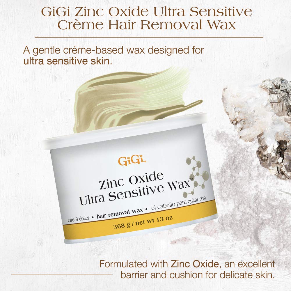 GIGI Zinc Oxide Ultra Sensitive Wax packaging on a shelf, highlighting 13 oz size for home or salon use.