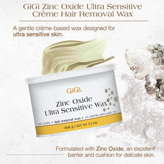 GIGI Zinc Oxide Ultra Sensitive Wax packaging on a shelf, highlighting 13 oz size for home or salon use.