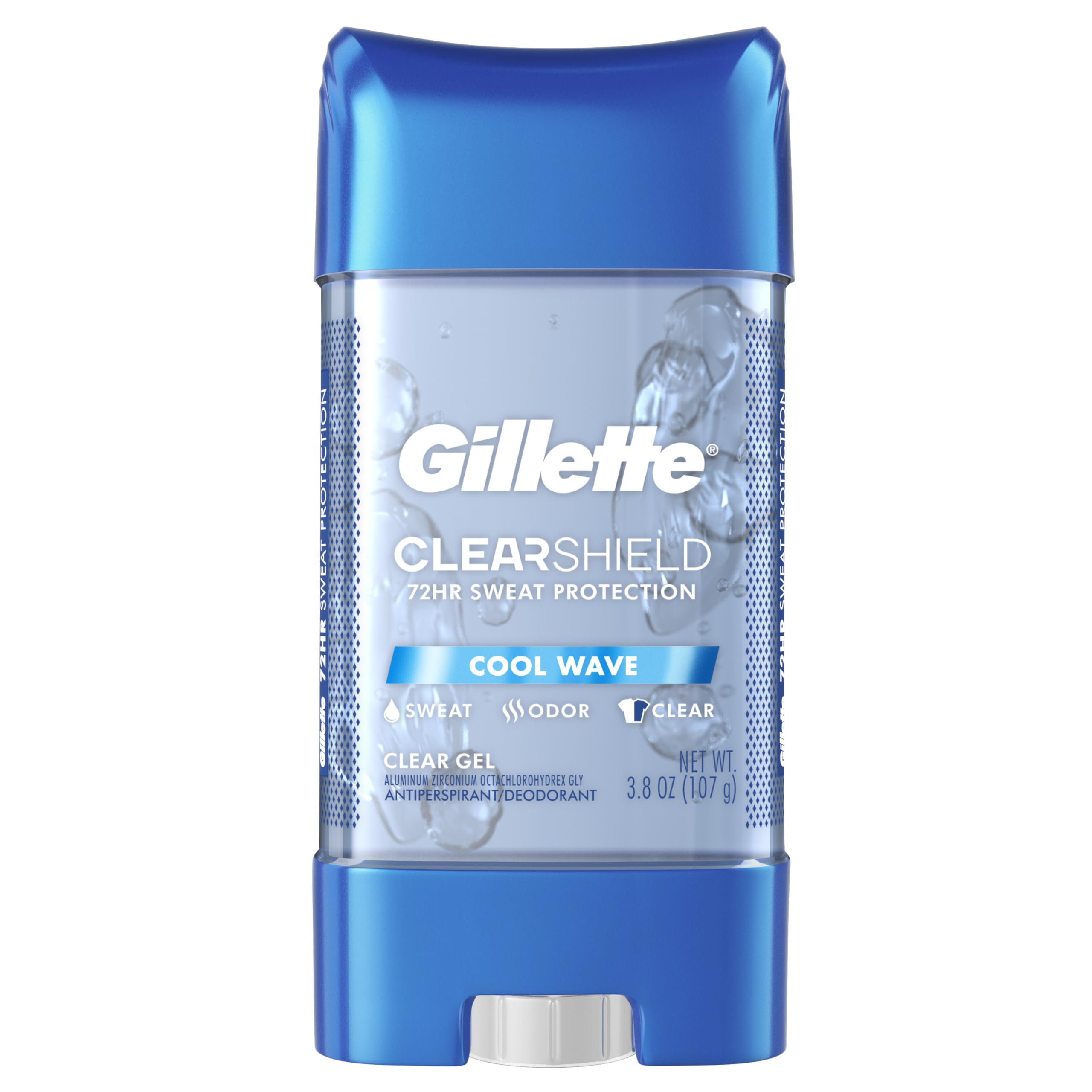 Gillette Advanced Clear Gel Cool Wave bottle on counter, quick-drying protection for daily wear.