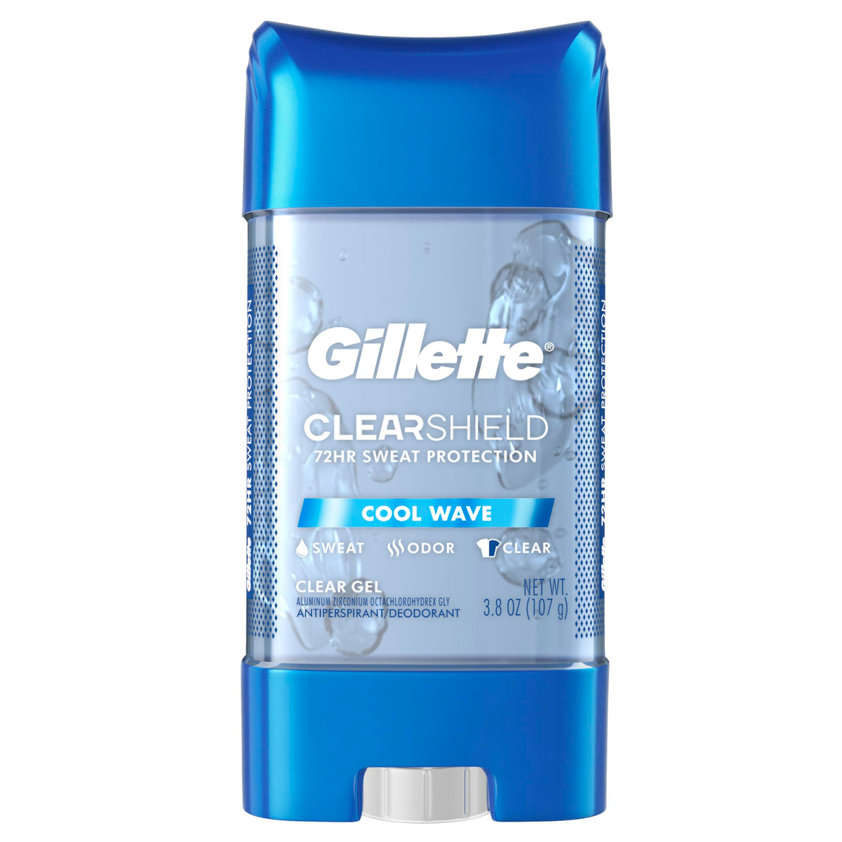 Gillette Advanced Clear Gel Cool Wave bottle on counter, quick-drying protection for daily wear.